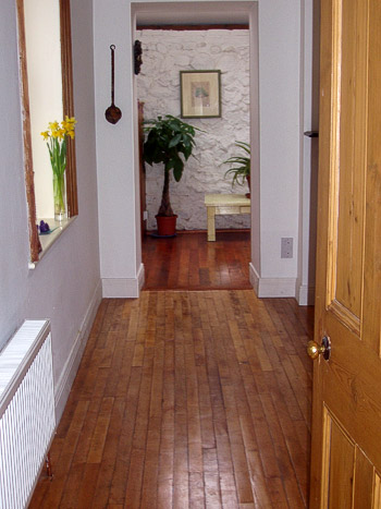 Maple floor in foreground with pine floor in second room
